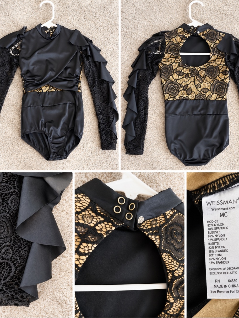 Weissman Black Gold Lace Dance Leotard Costume MC